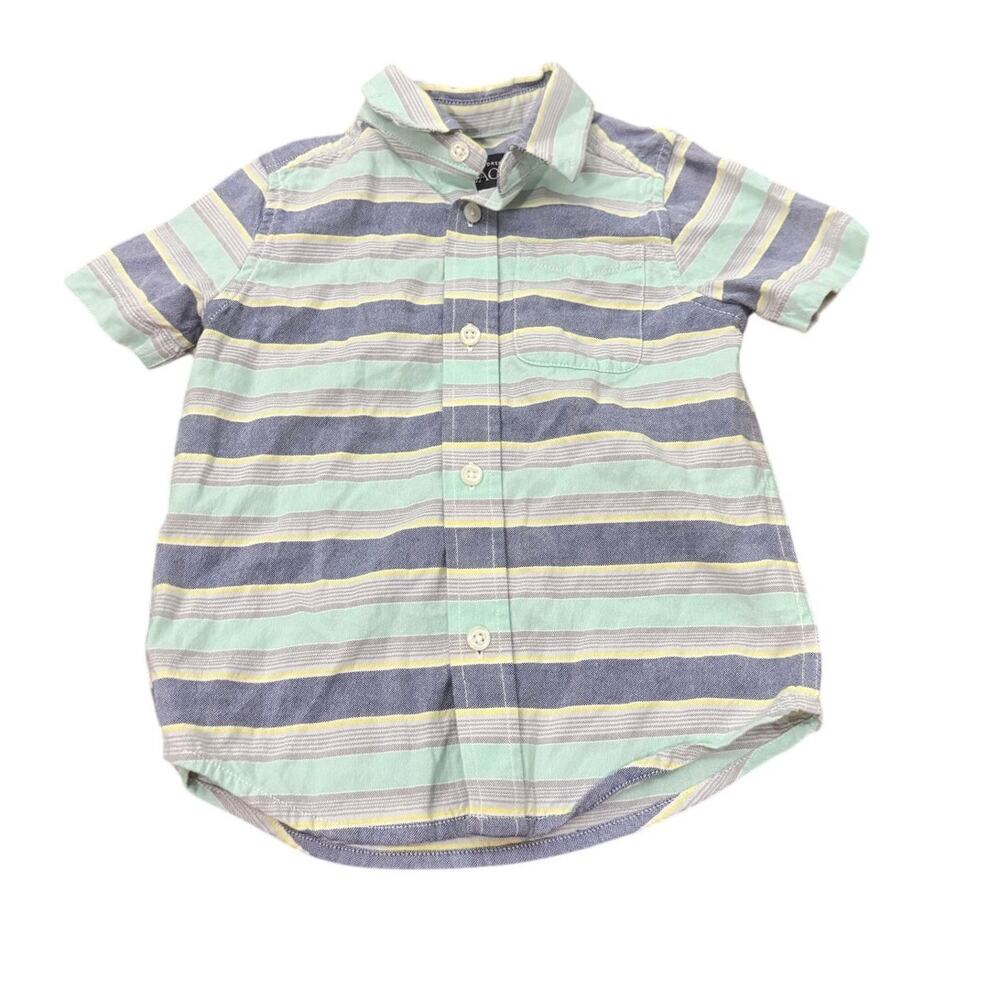 The Children’s Place Boys Button Down Shirt 3T‎ Blue Yellow Striped Short Sleeve